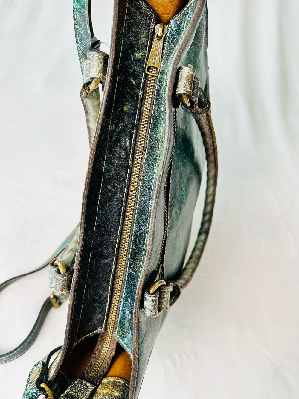 Patricia Nash Turquoise Hand-Tooled Floral Leather Tote Bag - Picture 8 of 12